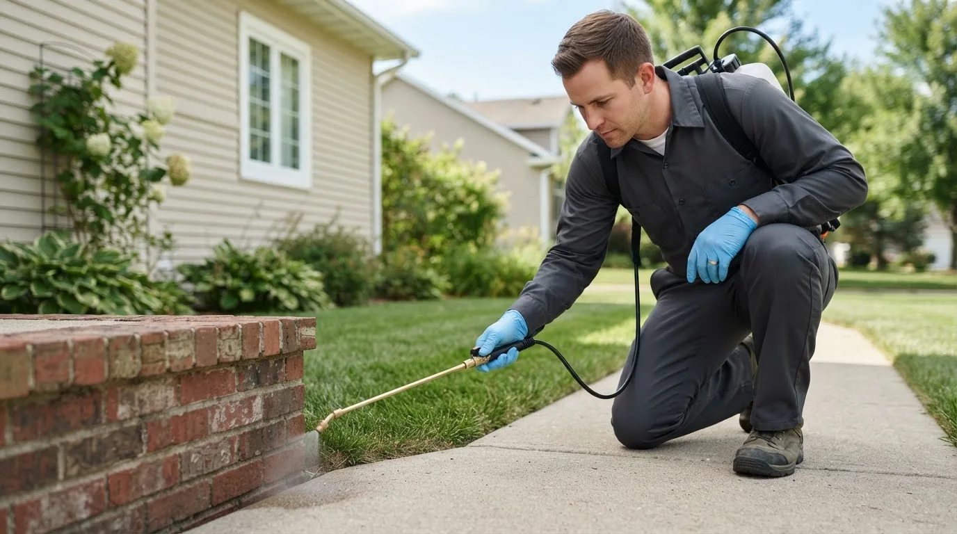 Pest control technician treating a home near Mathews, VA